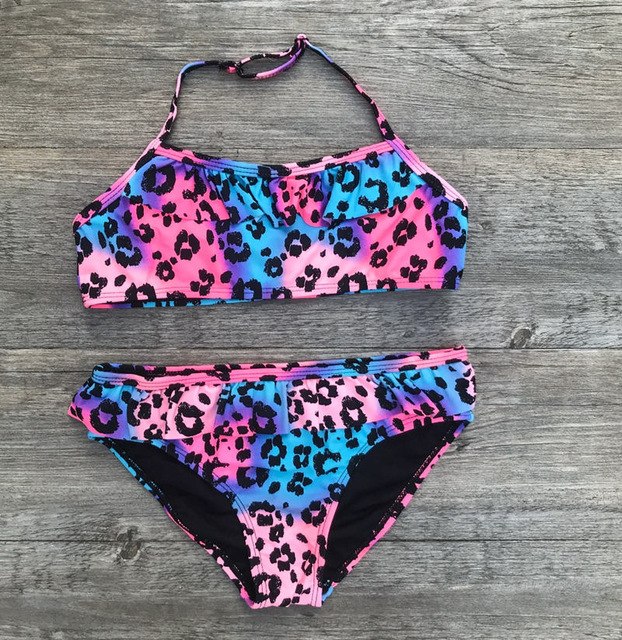 leopard print girls bikini set 2019 children swimsuit 7-14 years girls swimwear falbala solid kids bikinis biquini 318